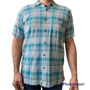 Patagonia Teal Blue Gray Plaid AC Button Down Hot Weather Short Sleeve Shirt